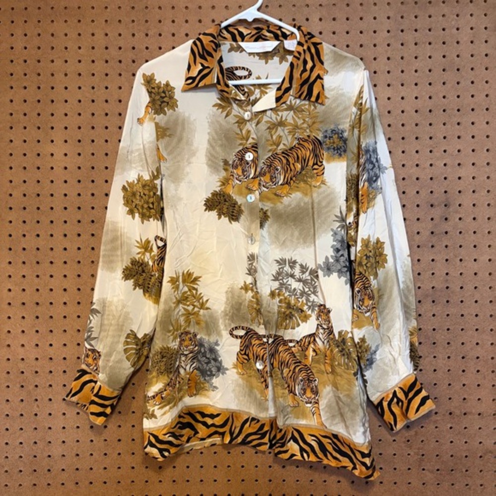 Peter Martin Vintage 100% Silk Tiger Jungle Print‎ Button Down Blouse Womens 14